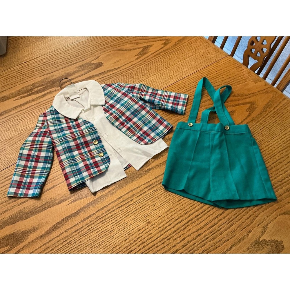 Vintage Goodies Toddler Boy 3 Piece Set Plaid Blazer Suspender Shorts Shirt USA